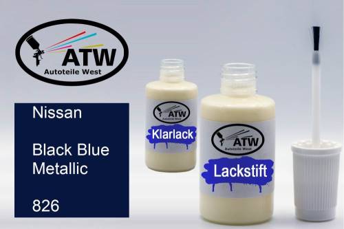 Nissan, Black Blue Metallic, 826: 20ml Lackstift + 20ml Klarlack - Set, von ATW Autoteile West.